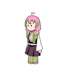 a cartoon girl with pink hair wearing a green scarf and black dress, standing in front of a white background