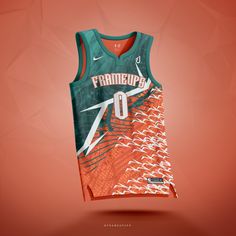 the basketball jersey is designed to look like an orange and green uniform with white birds on it