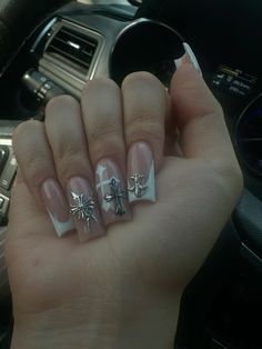 #chromeheartsnails #chromehearts #nails #nailinspo #trendy #aesthetic #baddienails Nail Inspo Chrome Hearts, Chrome Of Hearts Nails, White Emo Nails, Junior H Nails Ideas, Chrome Hearts Inspired Nails, Chrome Hearts Nails Designs, Chrome Heart Aesthetic, Junior H Nails, Chrome Heart Nails Designs