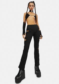 Club Exx Cut Out Flower Flare Pants - Black – Dolls Kill Punk Style Stretch Bottoms For Club, Edgy Flare Pants For Party, Punk Style Stretch Straight Leg Pants, Stretch Straight Leg Punk Pants, Stretch Edgy Pants For Streetwear, Edgy Elastane Pants For Night Out, Edgy Stretch Elastane Pants, Stretch Wide Leg Pants For Club, Edgy Stretch Bottoms For Club