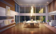 a dining room and living room are shown in this artist's rendering, which shows an open floor plan with high ceilings