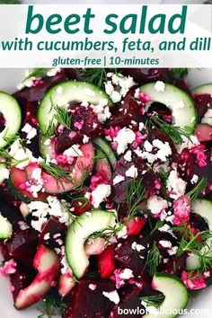 beet salad with cucumbers, feta and dill in a white bowl