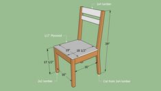 a wooden chair with measurements for the seat and back, sitting in front of a green background