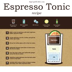 a recipe for espresso tonic is shown in this info sheet, which shows the ingredients