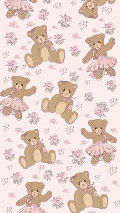 a pink and brown teddy bear wallpaper with flowers on the bottom right hand corner