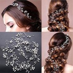 three pictures of different styles of wedding hair combs with flowers and leaves on them