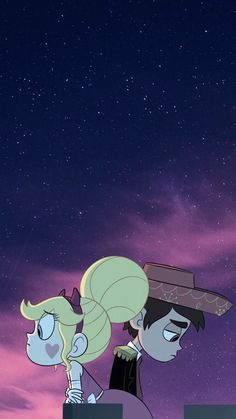 two cartoon characters looking at the stars in the night sky, one is holding onto another character's shoulder