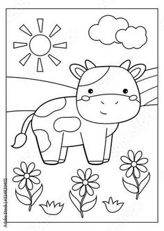 a cartoon cow standing in the grass with flowers and clouds behind it, coloring page