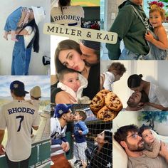 the collage shows many different people in baseball uniforms and their families, including one holding a baby