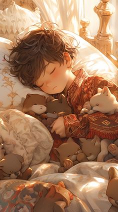 a little boy laying in bed with stuffed animals on his back and head resting on the pillow