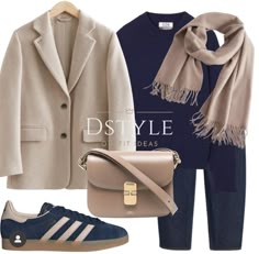 Dark Blue Trousers Outfit Women, Navy Jumper Outfit, Jumper Outfit Women, Navy Coat Outfit, Blue Sneakers Outfit, Blue Trousers Outfit, Gazelle Outfit, Blue Outfit Winter, Outfit Idea Winter