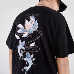 Unisex Super Cute Black Embroidered Crew Neck Top, Black Floral Embroidery Crew Neck T-shirt, Black Embroidered T-shirt For Summer, Black Embroidered Crew Neck T-shirt, Embroidered Black Tops For Streetwear, Black Embroidered Top For Streetwear, Casual Black Shirt With Embroidered Graphics, Embroidered Streetwear T-shirt For Spring, Embroidered T-shirt For Spring Streetwear