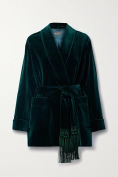 Loro Piana's 'Raniya' jacket is modeled on vintage dressing gowns. Part of a set with the matching 'Niklas' pants, it's been made in Italy from plush cotton-blend velvet and has a shawl lapel, generous front pockets and a sash belt tipped with fringed macramé. Complement the rich emerald with warm or neutral accessories Velvet Jacket Outfit, Velvet Outfits, Velvet Jackets, Opera Coat, Neutral Accessories, Dressing Gowns, Velvet Clothes, Velvet Coat, Boucle Jacket