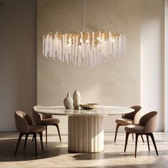 a dining room table with chairs and a chandelier hanging from it's ceiling