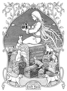 a drawing of a woman sitting on top of luggage with cats and dogs around her