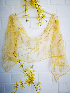 "Hand painted luxury silk chiffon scarf -Yellow Joy-Forsythia. Cheerful Yellow Blossoms in very pale transparent yellow background. Yellow color represents youth, fun, joy, sunshine and other happy feelings while Forsythia meaning is Anticipation. Can be quoted as \"good things come to those who wait\". And related with waiting for something or for someone (might be spring... or might be something beautiful...) This design Scarf is MADE TO ORDER and available in 2 SQUARE and 5 OBLONG sizes: 21*x Blossom Scarf, Yellow Silk Scarf, Yellow Blossom, Floral Shawl, Spring Scarves, Small Scarf, Chiffon Wrap, Silk Scarf Painting, Yellow Silk