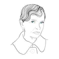 a black and white drawing of a woman's face with short hair, wearing a collared shirt