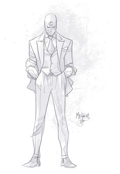 a drawing of a man in a suit and tie with his hands on his hips