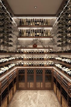 contemporary wine display with metal racks and wooden storage options designed by Genuwine Cellars Old Money Wine Cellar, Modern Wine Cellar Design, Bloxburg Wine Cellar, Wine Cave Design, Home Wine Room, Modern Wine Room, Stone Wine Cellar, Luxury Wine Cellar