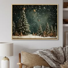 a living room with a couch, chair and christmas tree painting on the wall above it