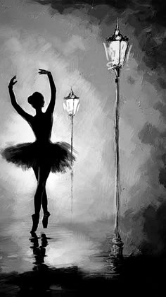 a black and white painting of a ballerina in front of a street light with a lamp post