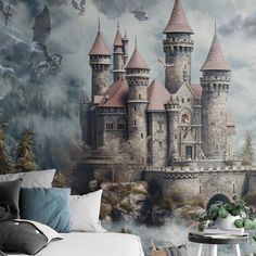 a castle wall mural in a bedroom