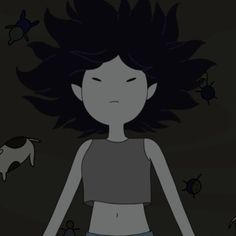 an animated girl with black hair standing in front of cows and birds on a dark background