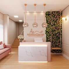 the front desk of an american chops restaurant with pink couches and flowers on the wall