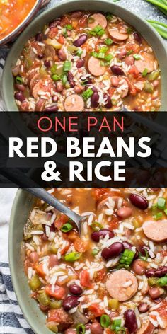 one pan red beans and rice in a skillet with the title overlay above it