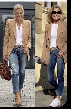 Fall Blazer Outfits For Women Casual, White Blazer Fall Outfit, Late Summer Outfits 2024, Classy Denim Outfits For Women, Fall Warm Weather Outfits, Jeans Business Casual Outfits, Casual Work Outfits Jeans, Outfits With Blazers For Women, Camel Jacket Outfit