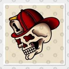 a skull wearing a fireman's hat with the number one on it,