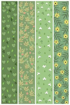 four different patterns with hearts and flowers on them, all in green color scheme illustration