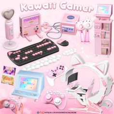 a pink poster with various electronic devices and accessories