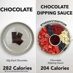 two plates with different types of chocolate dips and strawberries on one plate, the other half eaten