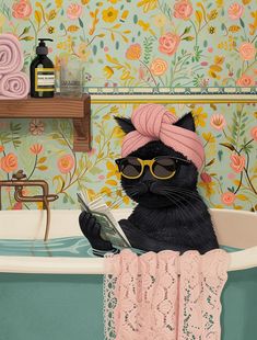 a cat sitting in a bathtub reading a book