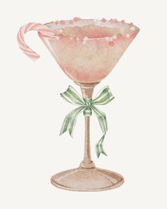 a watercolor painting of a pink cocktail glass with a green bow on the side