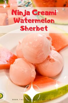 three scoops of ice cream sit on a plate with watermelon slices in the background