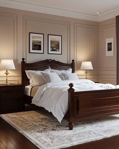 a large bed sitting in a bedroom next to two lamps