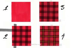 four different plaid patterns are shown in red and black