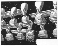 an image of aliens flying in the sky with heads on their heads and hands holding books