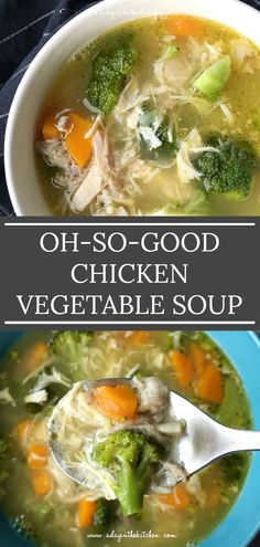 chicken vegetable soup with broccoli and carrots in a white bowl on a blue plate