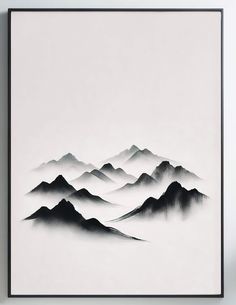 a black and white painting with mountains in the background