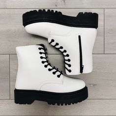 Laced Combat Boot With One Zipper Heel Is 1.5 Inches True To Size White Lace Boots, Lace Combat Boots, Thigh High Boots Outfit, White Combat Boots, High Boots Outfit, Zipper Heels, Fast Furious, Combat Boot, Swag Shoes