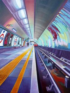 a painting of a subway station with people waiting for the train