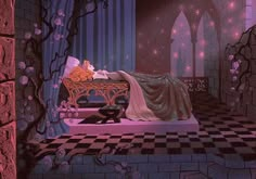 an animated scene of a woman sleeping on a bed in the middle of a room