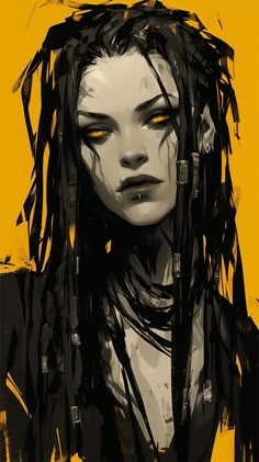 a painting of a woman with yellow eyes and dreadlocks on her head, looking to the side