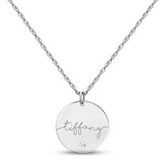 This gorgeous necklace features a sterling silver disc inscribed with your name in an elegant script font. A bezel-set round diamond glitters beneath for a dazzling hint of sparkle. The pendant sways from an 18-inch rope chain that secures with a spring ring clasp. Elegant Script Fonts, Font A, Gold Disc, Diamond Glitter, Accessories Jewelry Necklace, Script Font, Gorgeous Necklaces, Rope Chain, Name Necklace