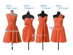 four different types of bridesmaid dresses on mannequins with price tags