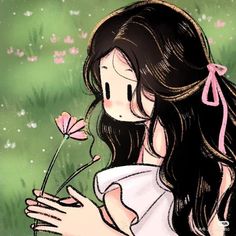 a girl with long hair holding a flower