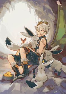 an anime character sitting on the ground with two rabbits